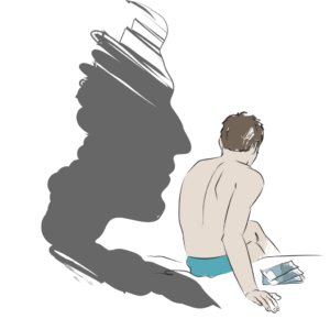 Illustration till utsattheten "Prostitution" föreställande en avklädd man som sitter på en säng med ryggen mot betraktaren. I förgrunden syns en siluett av en annan person.
