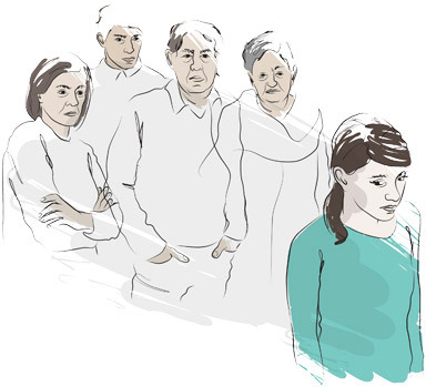 Illustration till utsattheten "Hedersrelaterat våld och förtryck" föreställande en kvinna med ett nedstämt ansiktsuttryck. I bakgrunden syns kvinnans familj.