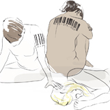 Illustration till utsattheten "Människohandel" föreställande ett par avklädda människor med en streckkod tryckt på kroppen