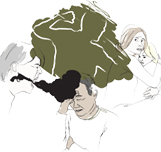 Illustration till utsattheten "Våld i nära relationer" föreställande en man som skriker åt en annan man. I bakgrunden syns en kvinna som håller om ett barn.